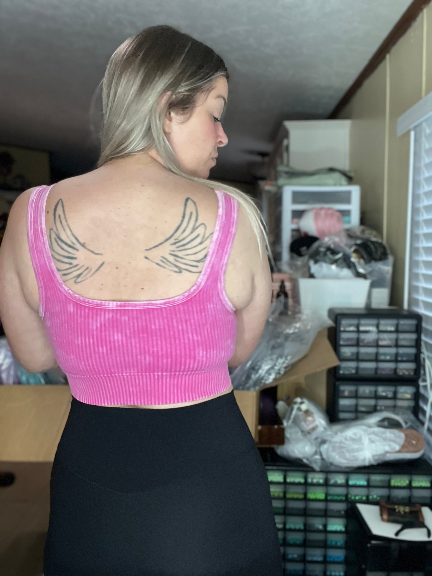 Mineral Washed Ribbed Square Neck Crop Tank • HOT PINK
