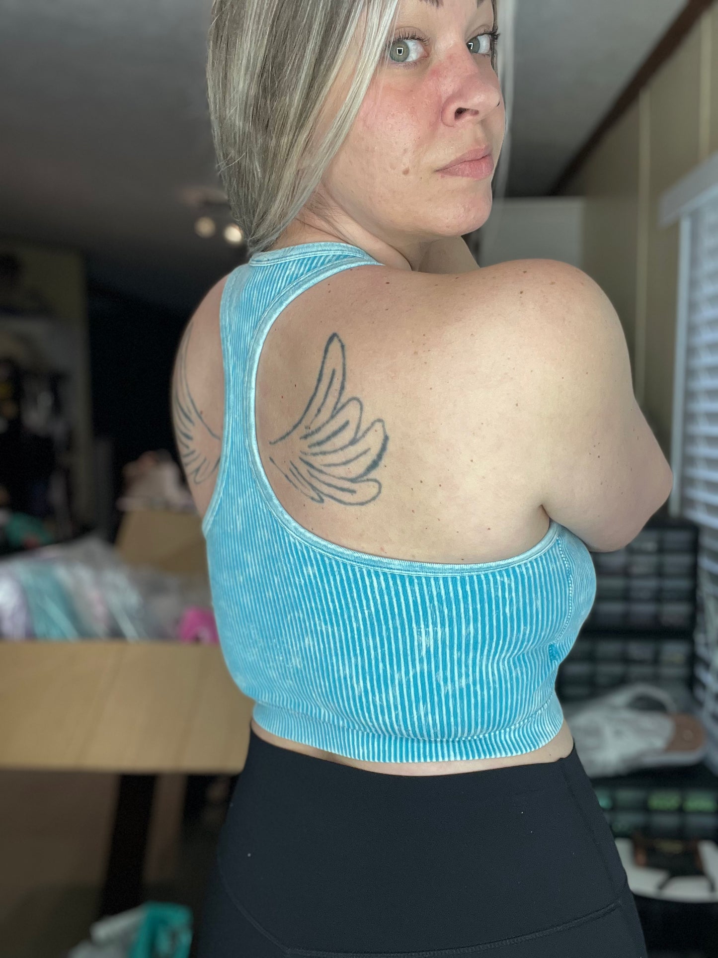 Stonewashed ribbed cropped tank- built in bra • ICE BLUE