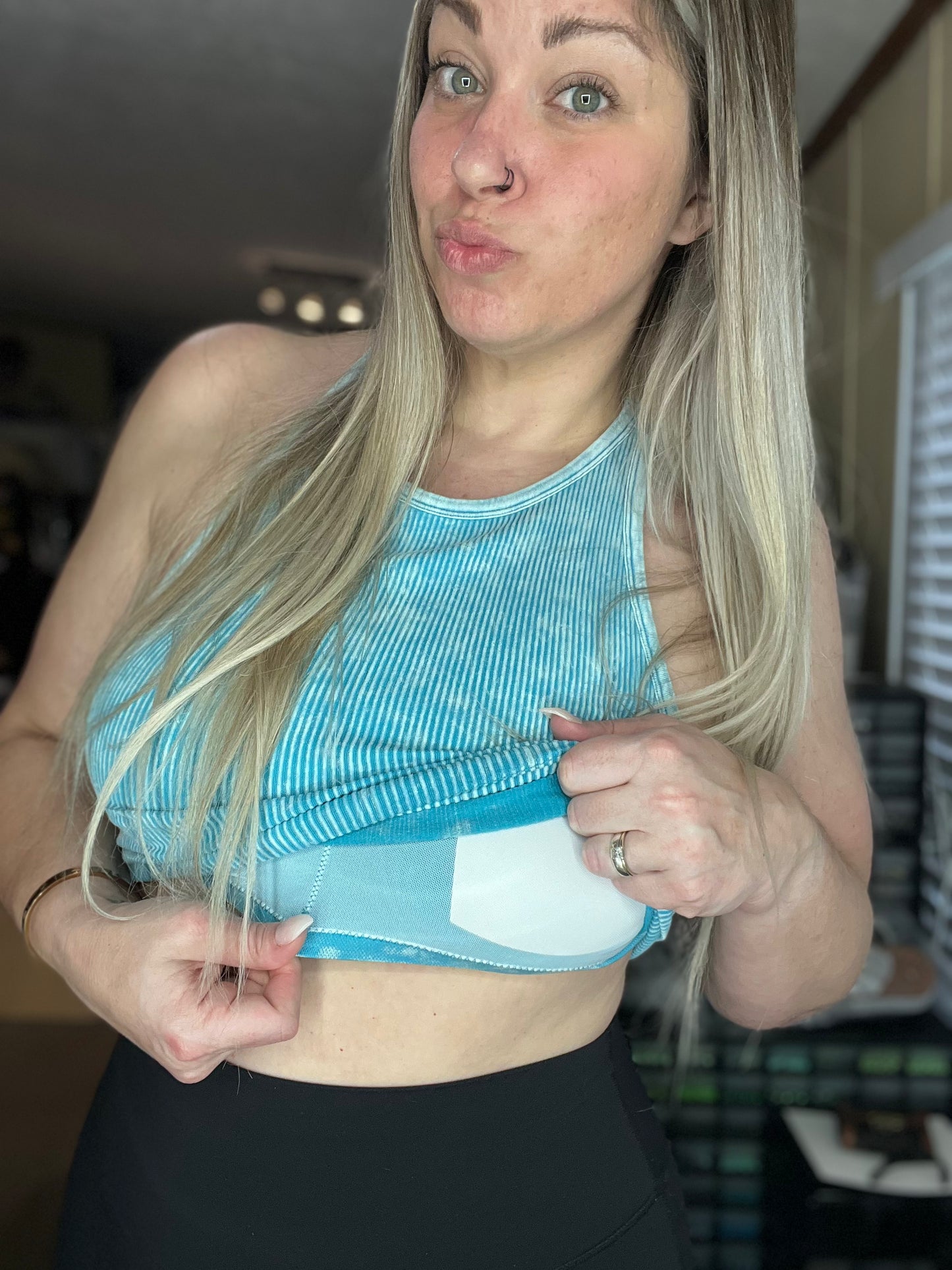Stonewashed ribbed cropped tank- built in bra • ICE BLUE