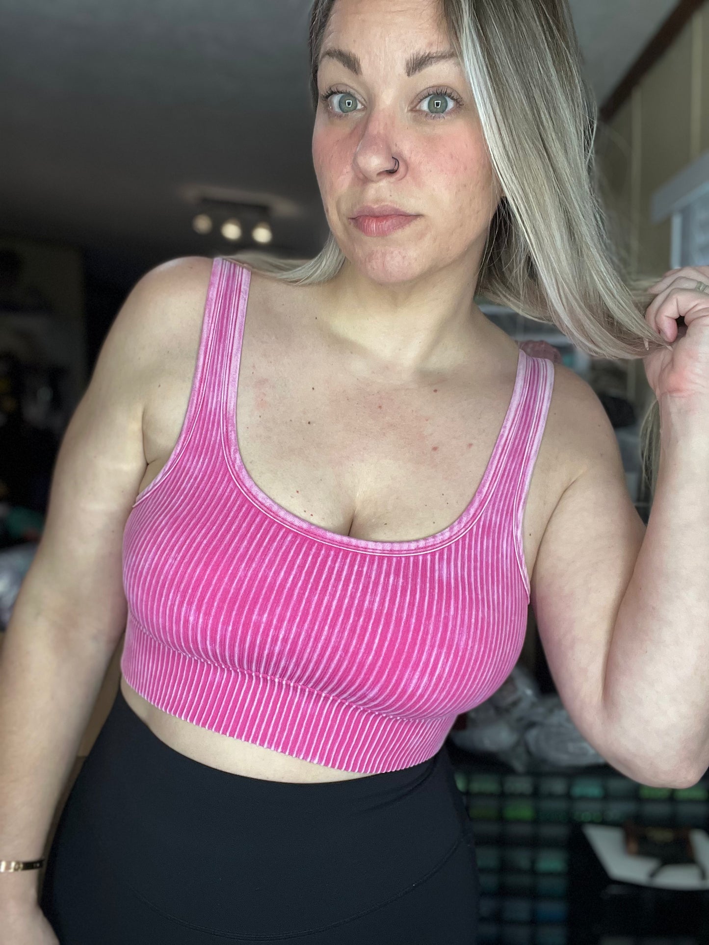 Mineral Washed Ribbed Square Neck Crop Tank • HOT PINK