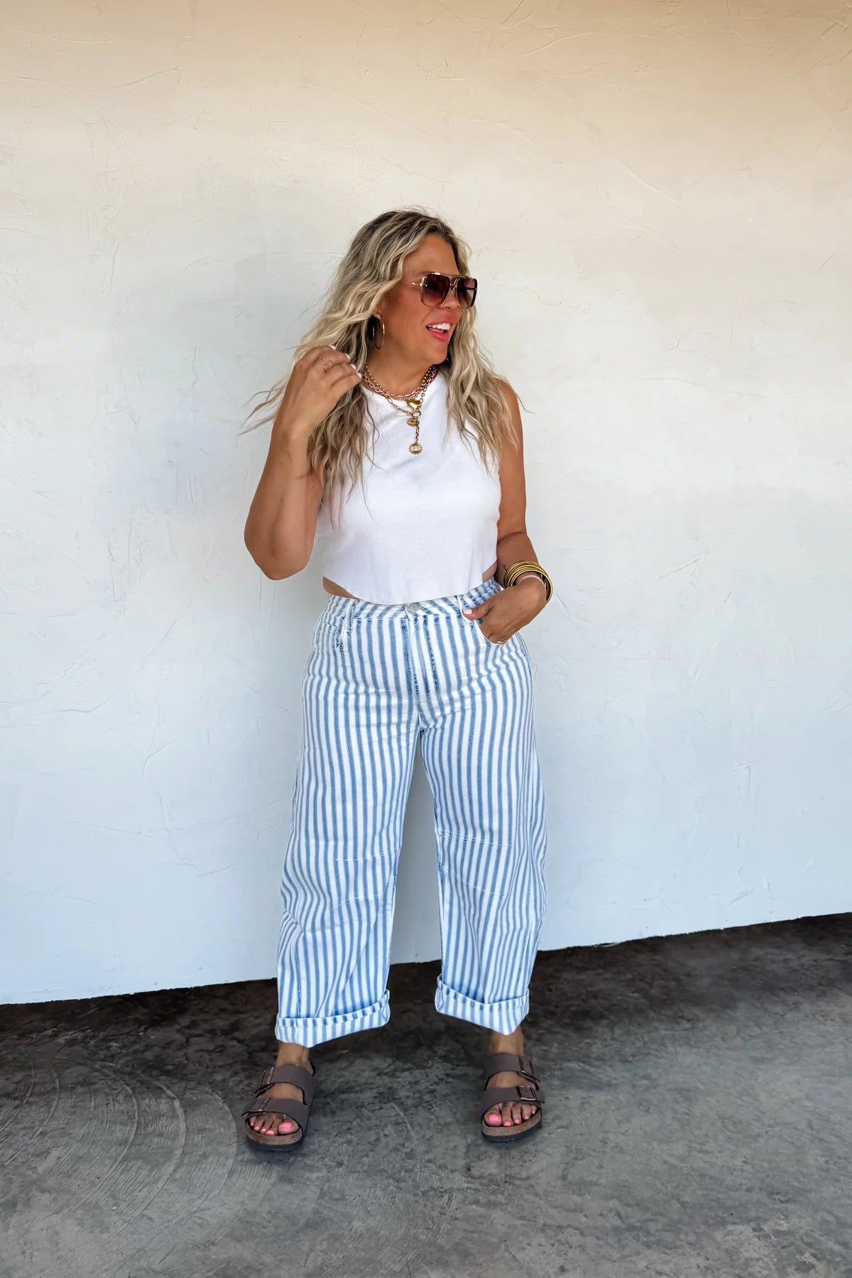 beachy stripe barrel jeans • Quick Ship