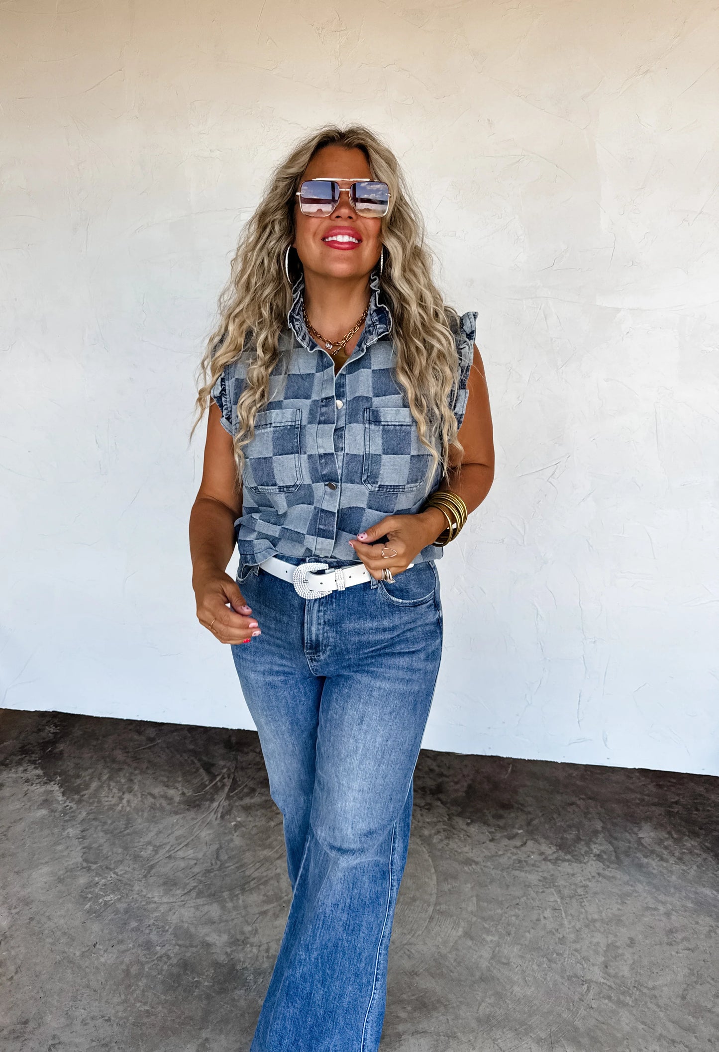 Lainey checker denim vest • Quick Ship