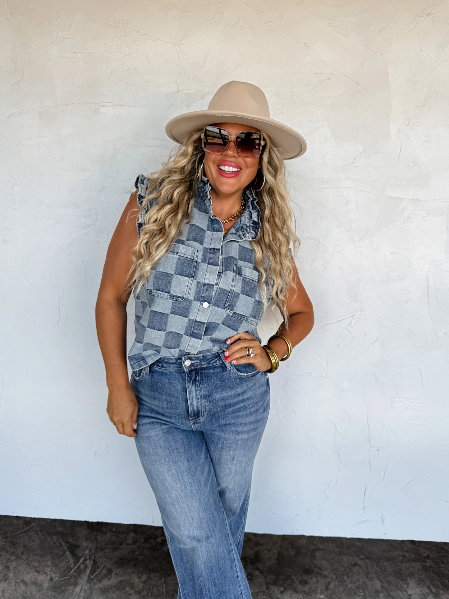 Lainey checker denim vest • Quick Ship