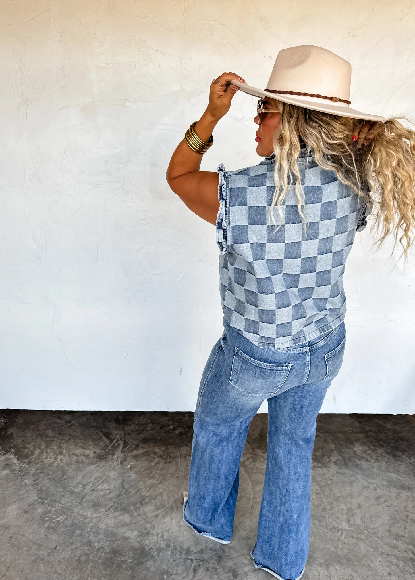 Lainey checker denim vest • Quick Ship