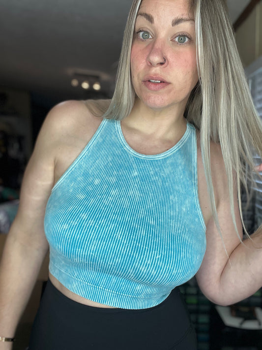 Stonewashed ribbed cropped tank- built in bra • ICE BLUE