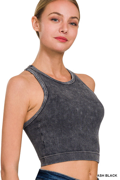 Stonewashed ribbed crop tank - built in bra • ASH BLACK