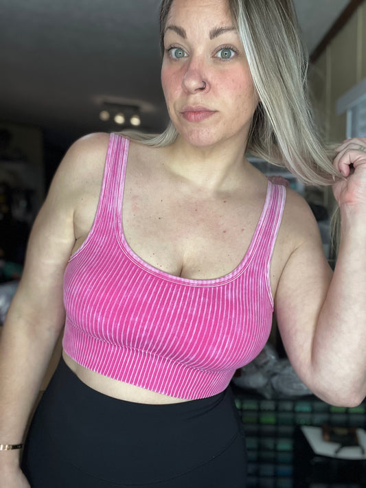 Mineral Washed Ribbed Square Neck Crop Tank • HOT PINK