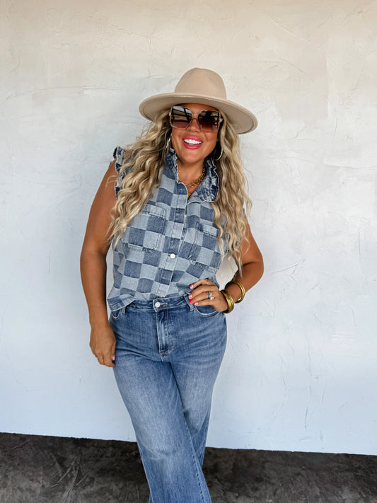 Lainey checker denim vest • Quick Ship