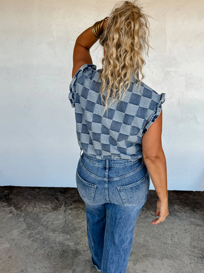 Lainey checker denim vest • Quick Ship