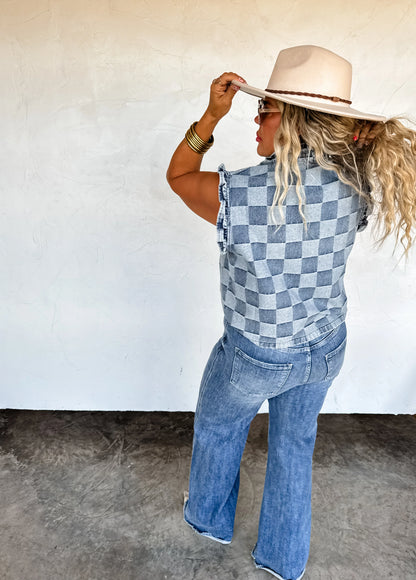 Lainey checker denim vest • Quick Ship