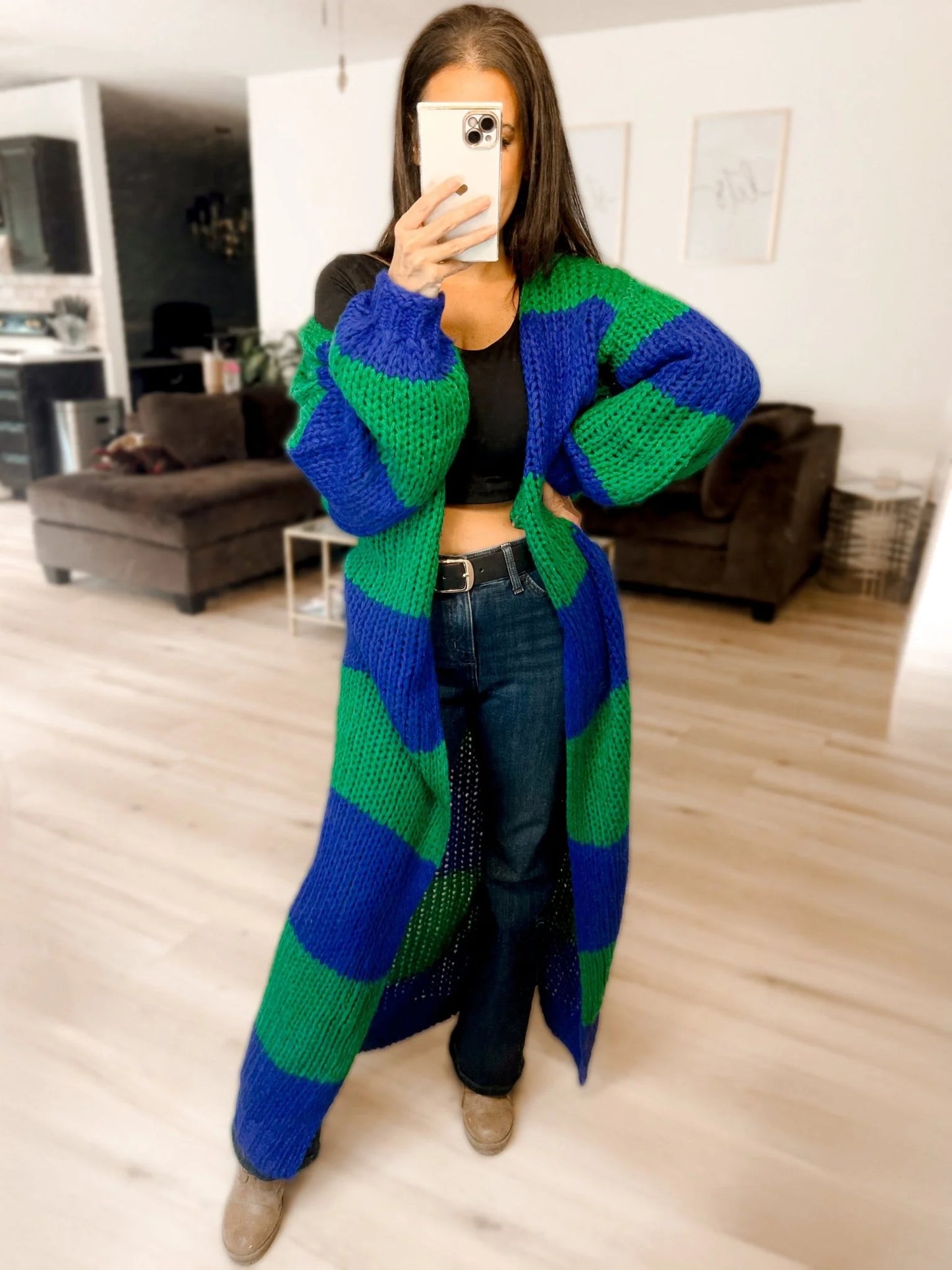 Oversized chunky striped balloon sleeve duster • Quick Ship